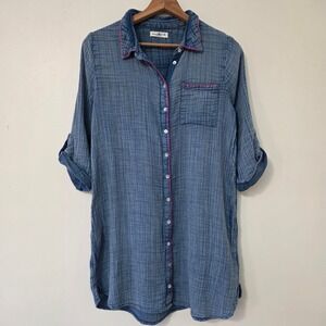 Natural Life Mini Shirt Dress Sz M Blue Button Up Boho Gauzy Coastal Hippie